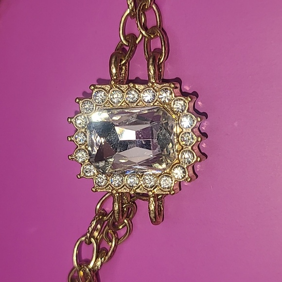 Gold tone double chain long necklace with faux diamonds - Picture 9 of 10